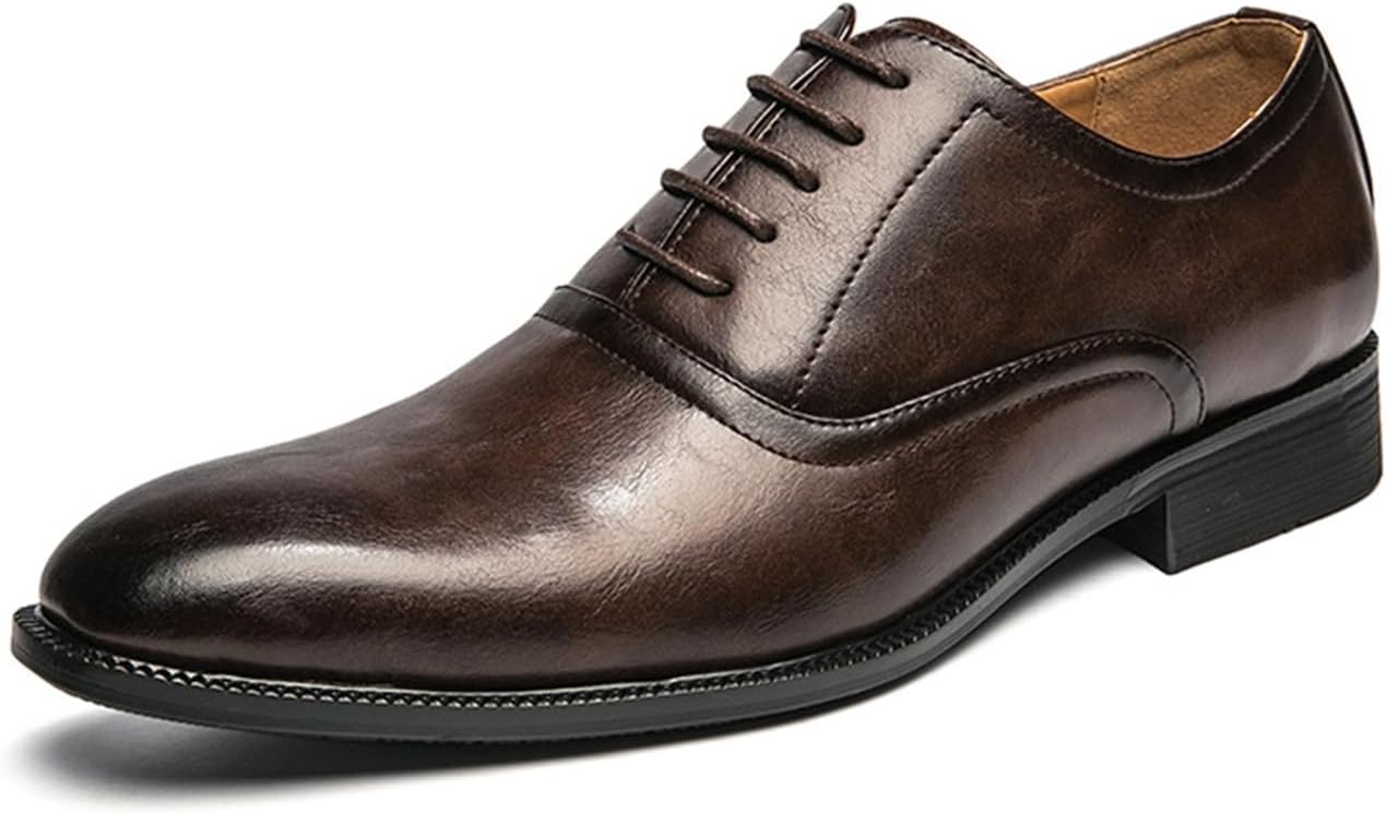 

Мужские винтажные кожаные оксфорды на шнуровке, с низким массивным каблуком, заостренным носком, удобные, с нескользящей подошвой, формальные современные дерби, классические офисные туфли для работы и свадьбы Neuugo, коричневый