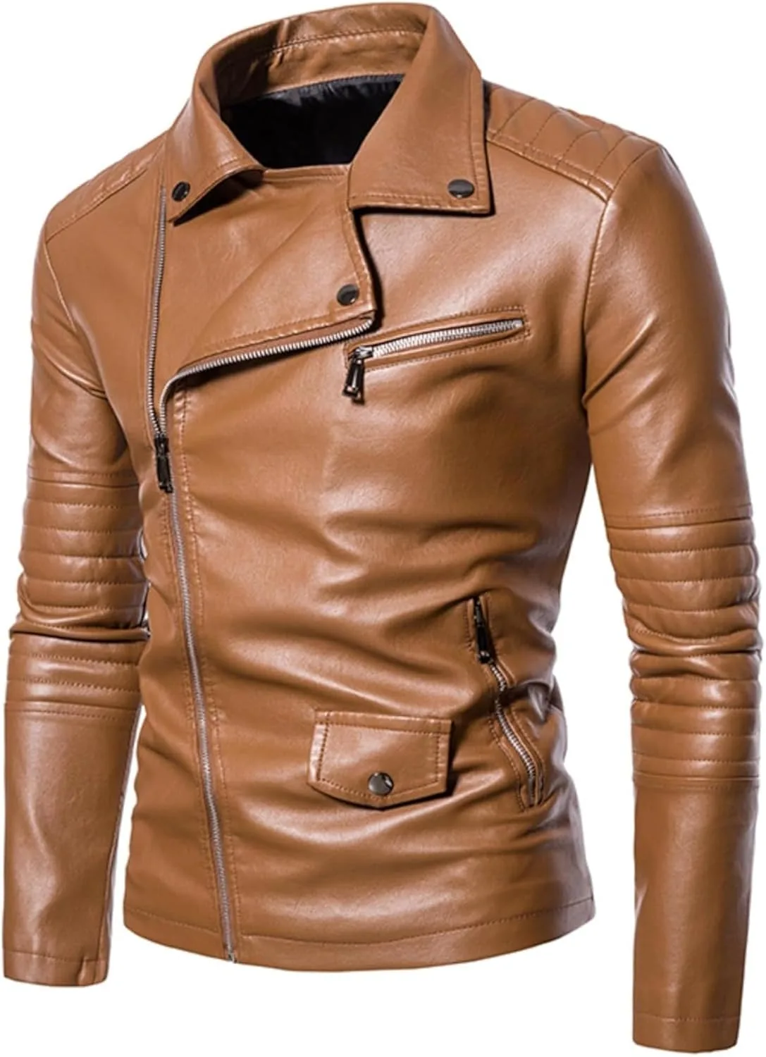 Мужская кожаная куртка в стиле байкера Slim Fit с передней молнией Generic, хаки