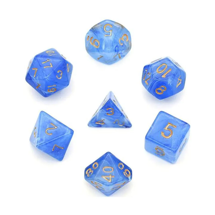 

Набор Poly — полупрозрачный синий шелк с золотом (7), Dice Sets - Resin/Acrylic - Blue, Green, & Purple (Foam Brain Games)
