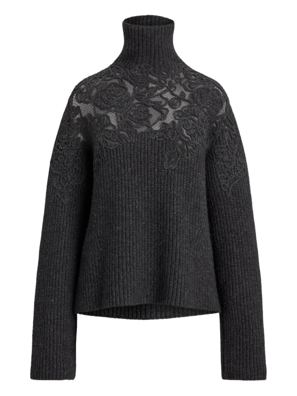 

Свитер с воротником-воронкой и кружевом Ralph Lauren Collection, серый