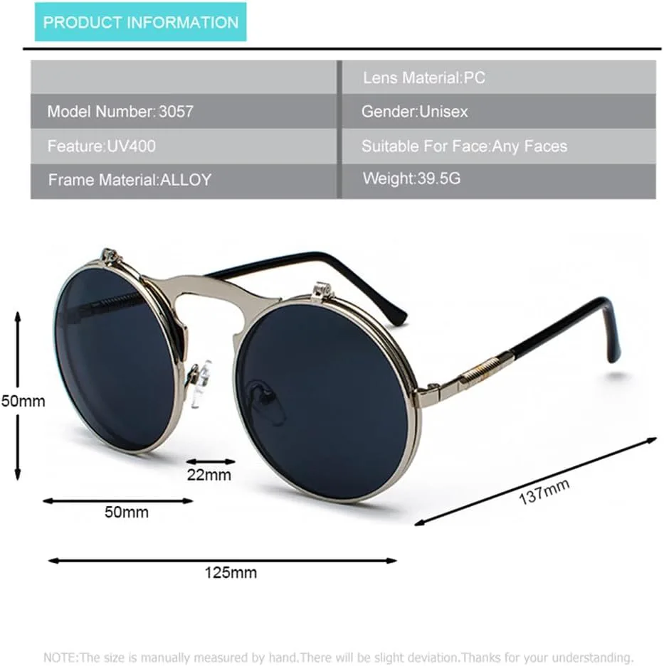 

Солнцезащитные очки в стиле стимпанк, круглые металлические, женские, ретро, ​​с откидной задней крышкой, круглые, двойные металлические, мужские VFDHN, Gold Grey