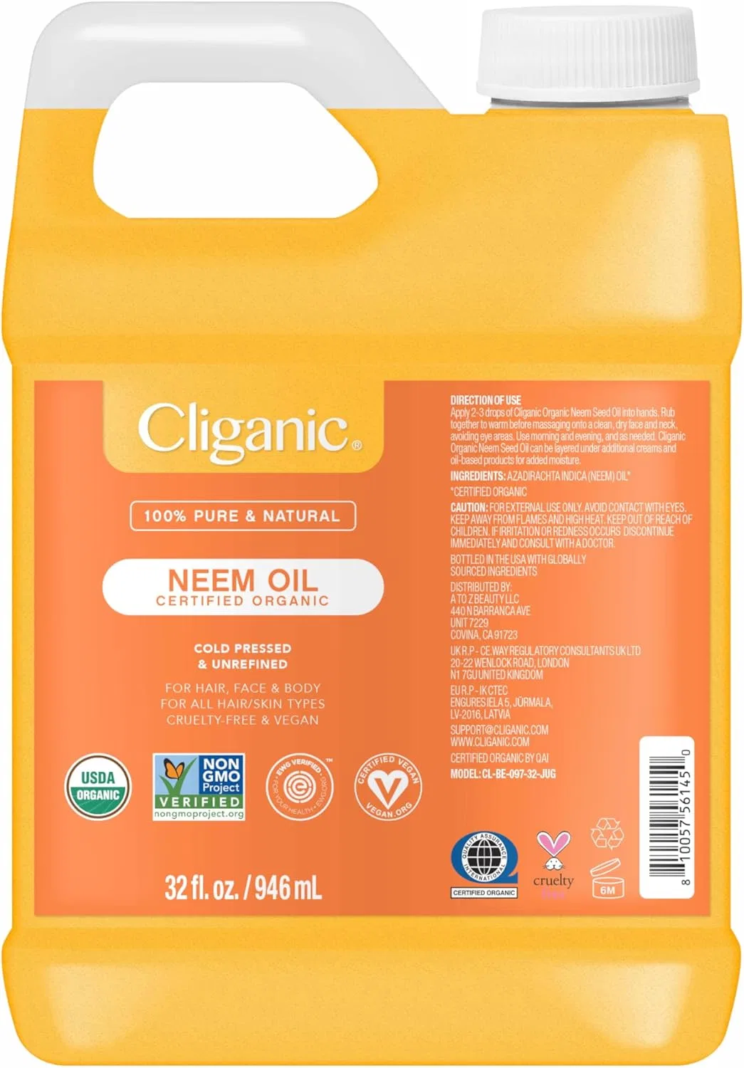 Масло для лица Cliganic — Органическое ниим, 946 мл