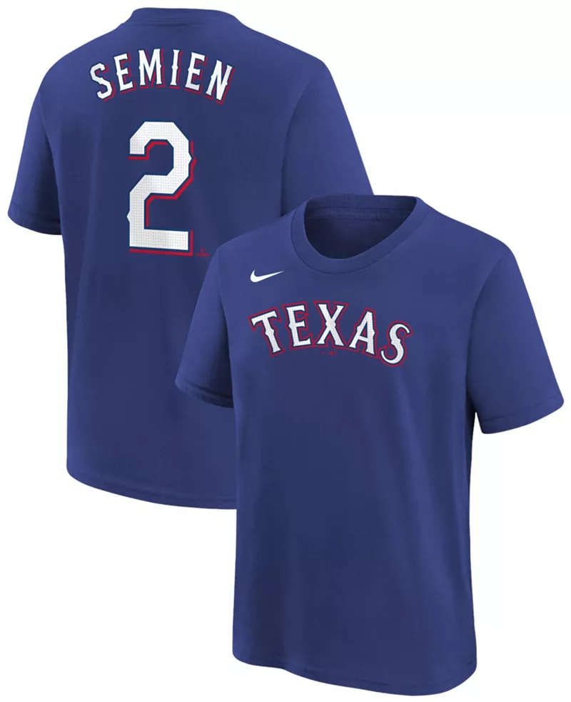 

Синяя домашняя футболка Nike Youth Texas Rangers Marcus Semien #2