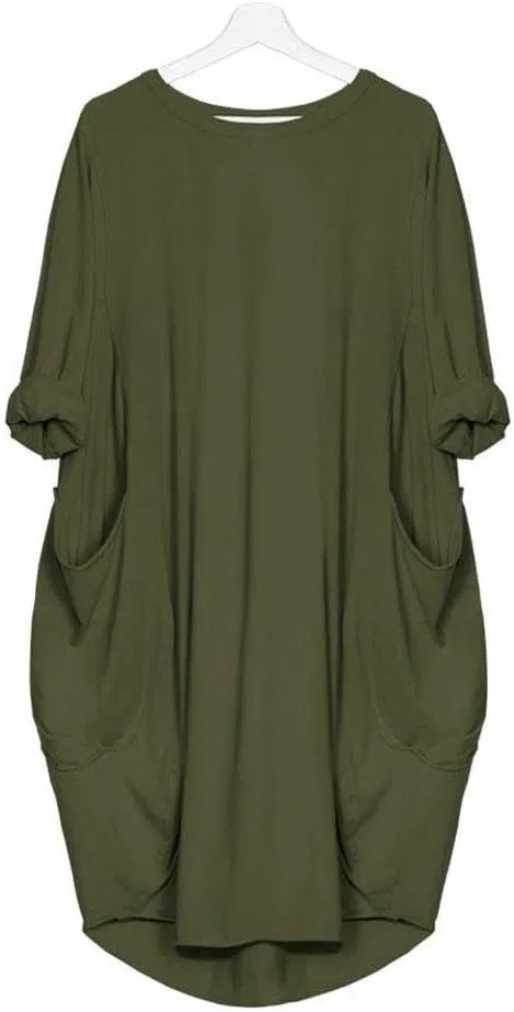 Платье Loose женское повседневное Plus Size с карманом и круглым вырезом, силуэт A-Line Generic, зеленый — фото 3