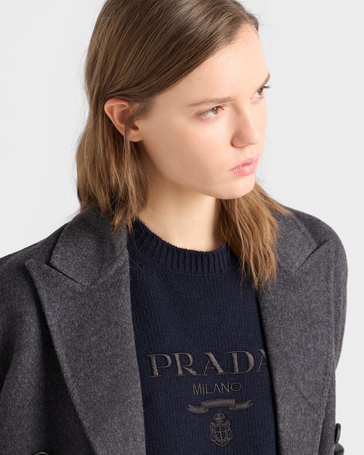 Шерстяной свитер с кашемиром и круглым вырезом Prada, синий — фото 3