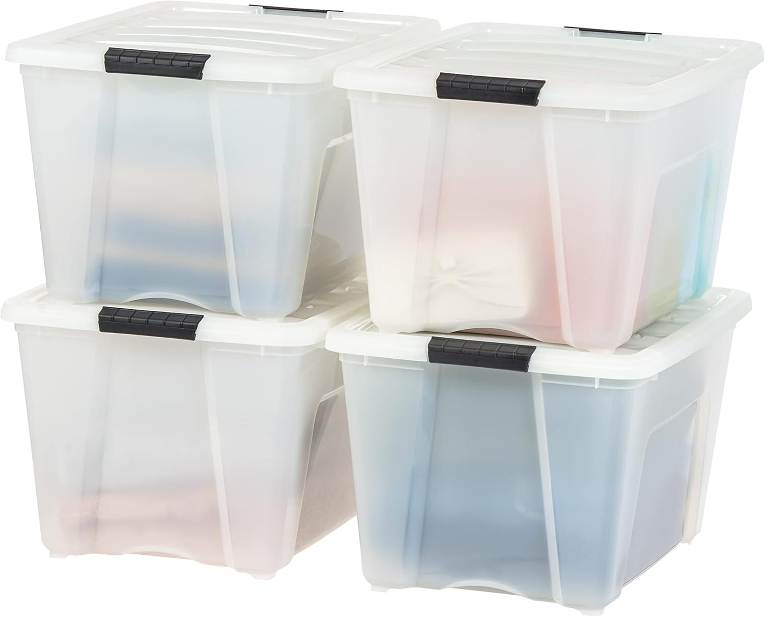 

IRIS USA 54 Qt Штабелируемые пластиковые контейнеры для хранения с крышками, 4 упаковки — без BPA, сделано в США — незаметное решение для организации, защелки, прочные встраиваемые контейнеры, надежная ручка — Pearl, Pearl