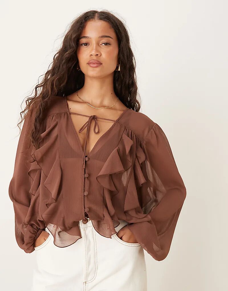 

Шифоновая блузка с воланами на рукавах шоколадного цвета от ASOS DESIGN