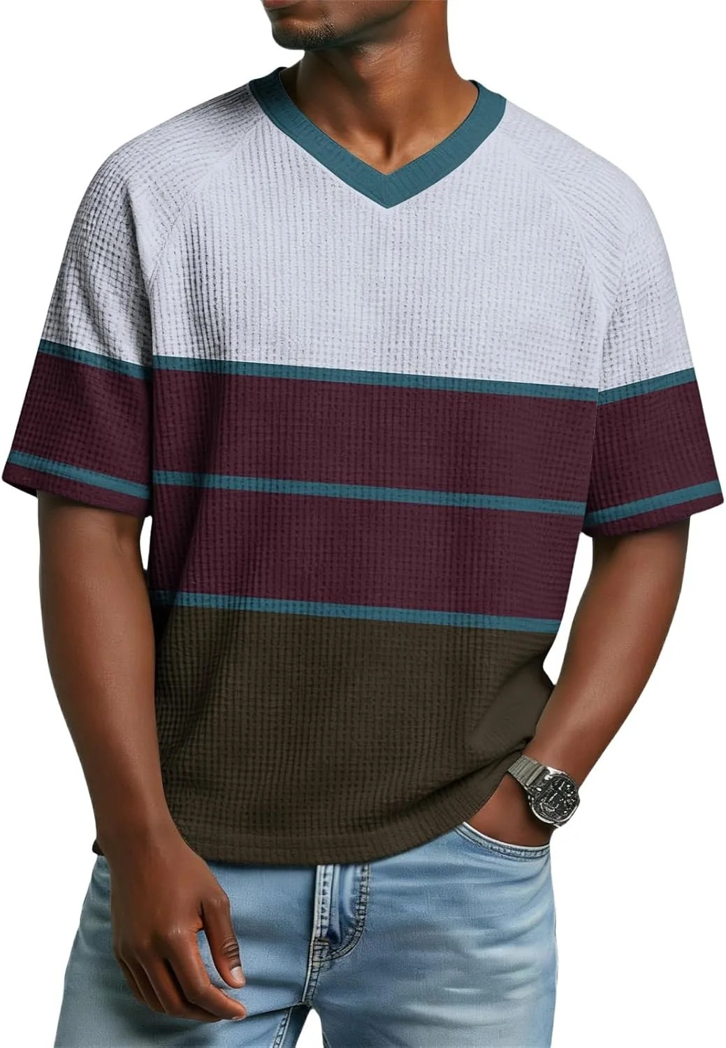 

Мужская футболка с вафельной вязкой, летняя повседневная с коротким рукавом и V-образным вырезом, S-5XL