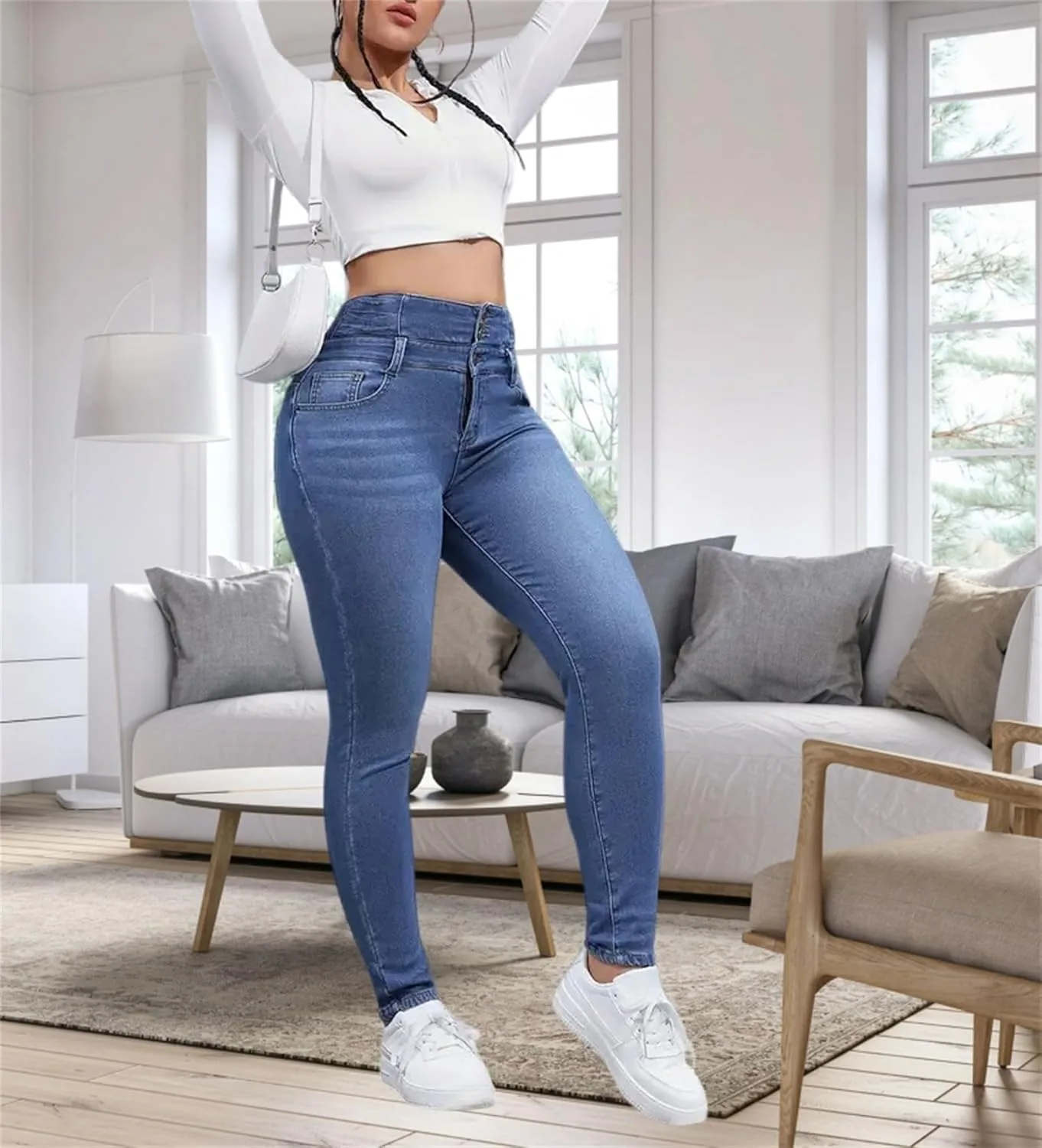 Женские джинсы с флисовой подкладкой, термо, slim fit, super high waisted — фото 3