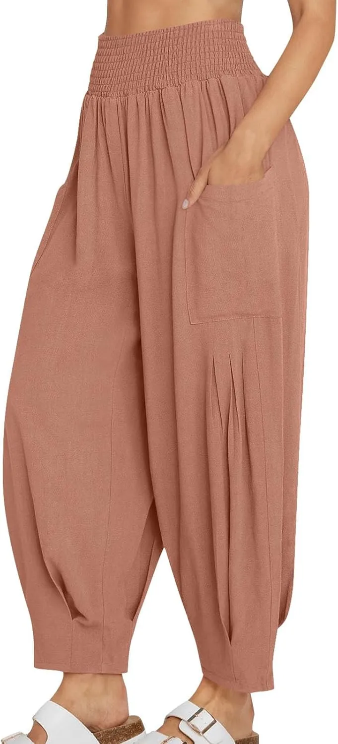 Женские льняные брюки бохо летние повседневные свободные на резинке с высокой талией для отдыха Generic, кофейный