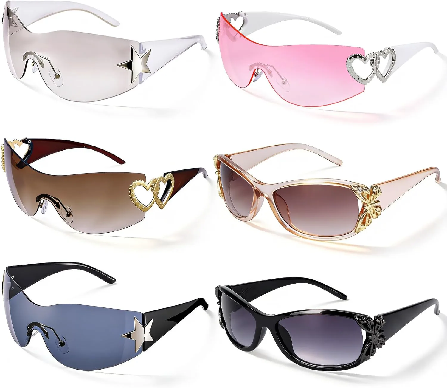 

Солнцезащитные очки JATEBI 3/6 пар в стиле Y2K для женщин и мужчин, большие безободковые солнцезащитные очки в стиле 2000-х, обтекаемые очки, Pink+black+brown+silver