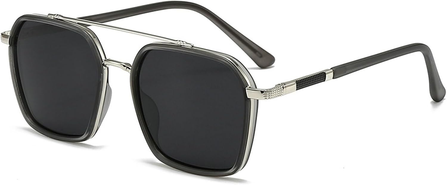 

Модные поляризованные солнцезащитные очки с металлическим квадратным оправой для мужчин, ретро-очки-пилот с двойным лучом, очки для вождения для мужчин mincl, Clear Gray Black