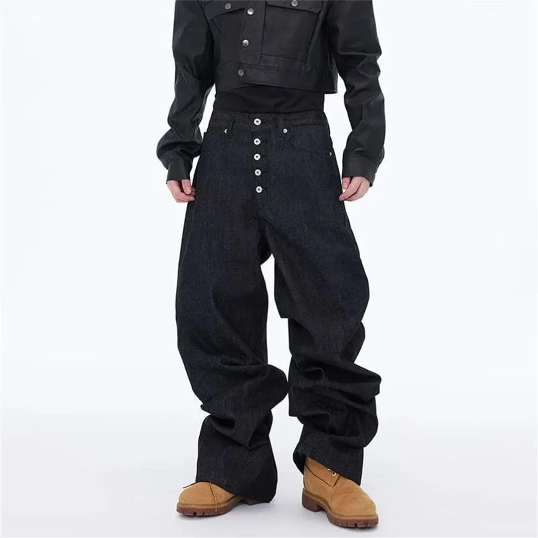 Джинсы прямые свободные, черные, Men's Summer Buckle Loose Straight Leg Solid Black Denim Jeans — фото 2