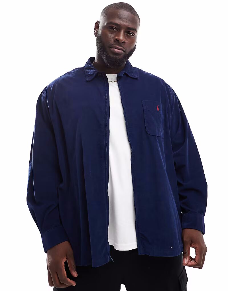 

Рубашка Polo Ralph Lauren Big & Tall с логотипом, застежкой-молнией спереди и шнурком, классического кроя, темно-синего цвета