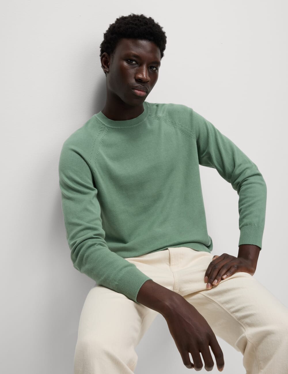 

Джемпер из чистого хлопка с круглым вырезом Marks & Spencer, цвет Bayleaf