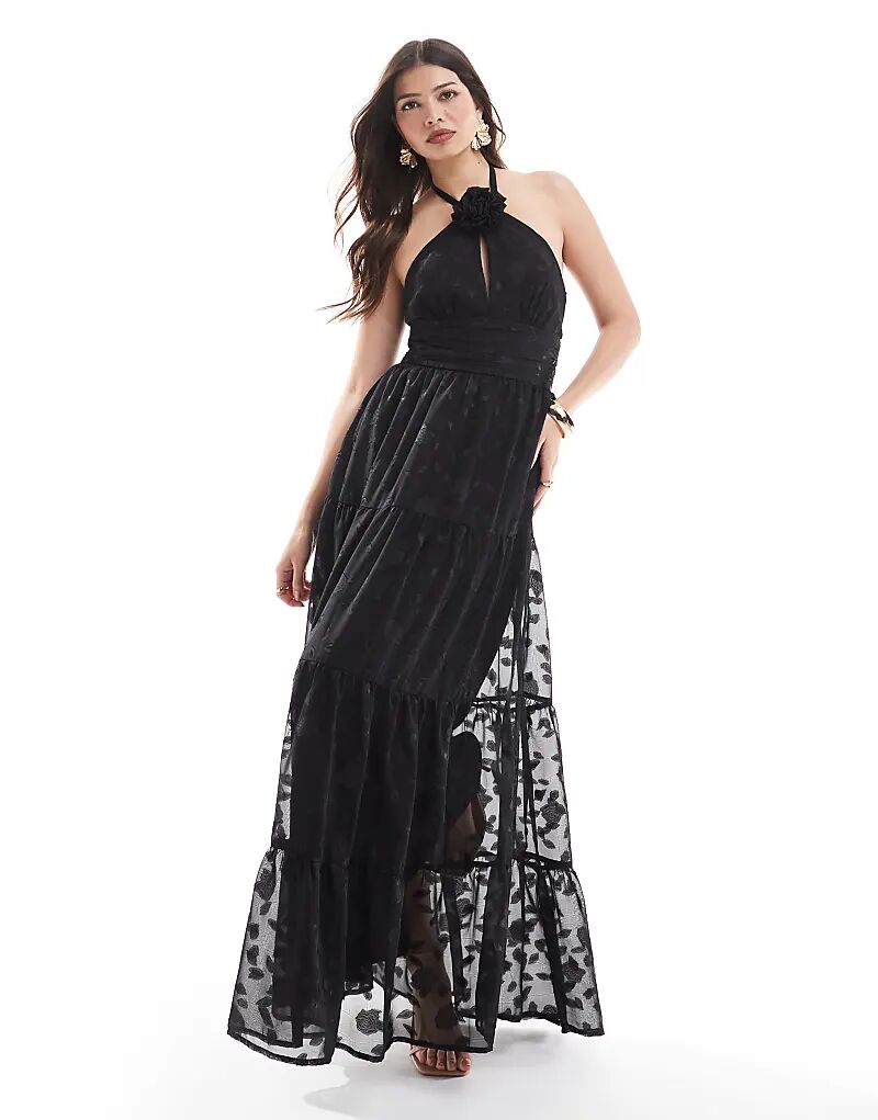 

Корсажное платье макси с цветочным принтом и бретельками через шею черного цвета Maya