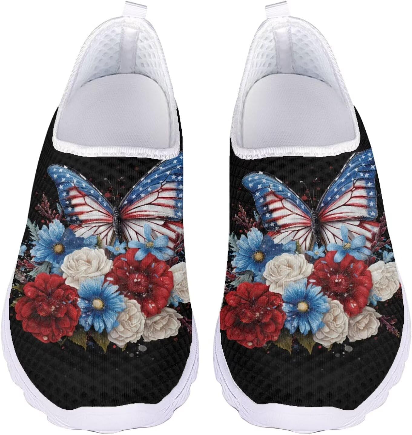 

Кроссовки Jeiento Slip On для женщин и мужчин с широким носком, легкие спортивные кроссовки из сетки, женские мягкие слипоны, American Flag Flower Butterfly