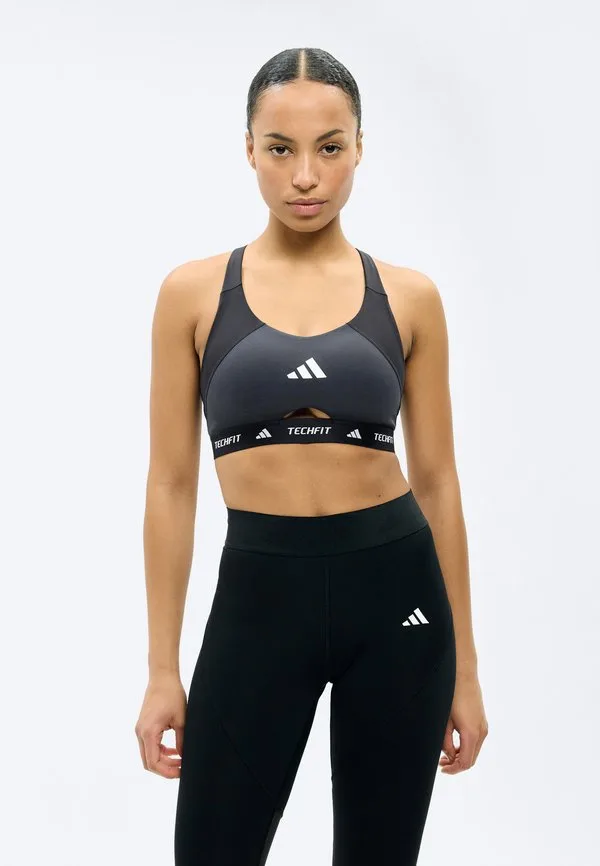 Спортивный бюстгальтер techfit для тренировок, с цветовыми блоками, средней поддержки Adidas Performance, Black/Carbon