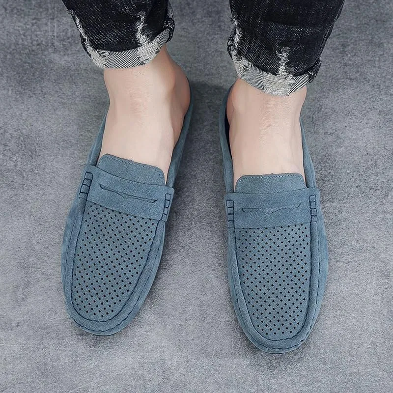 Мужские лоферы, замшевые, перфорированные, Half Penny Loafers, синий — фото 4
