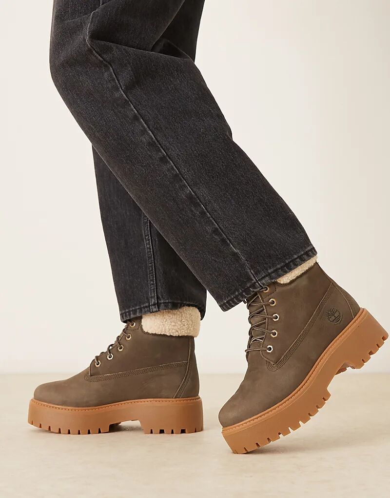 Ботинки Timberland Stone Street на платформе высотой 6 дюймов с подкладкой из искусственного меха темно-коричневого цвета из кожи — фото 2