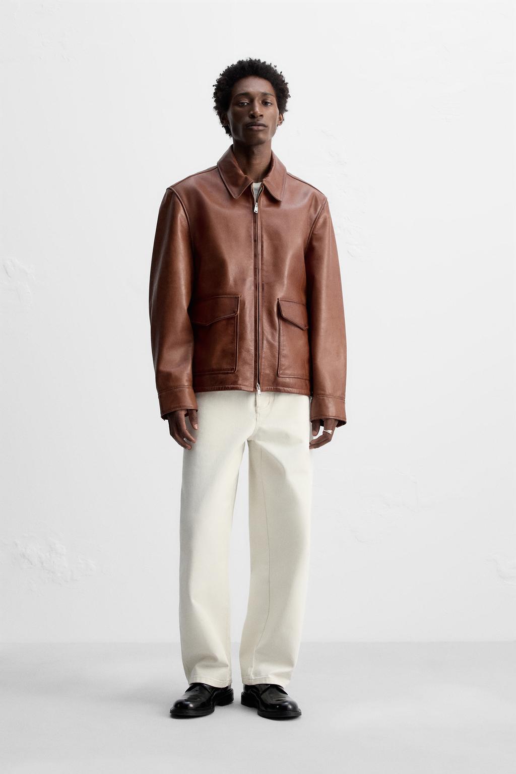 

Застиранная кожаная куртка ZARA, коричневый