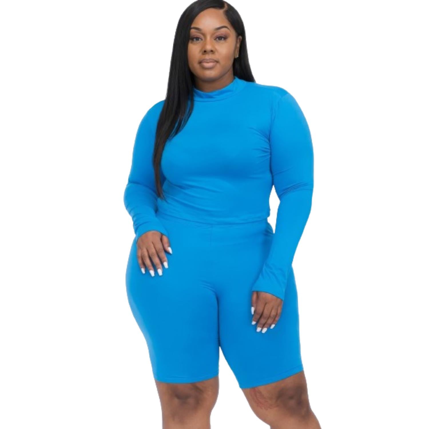 

Плюс комплект из топа с воротником-стойкой и байкерских шорт FASHNZFAB, цвет ibiza blue