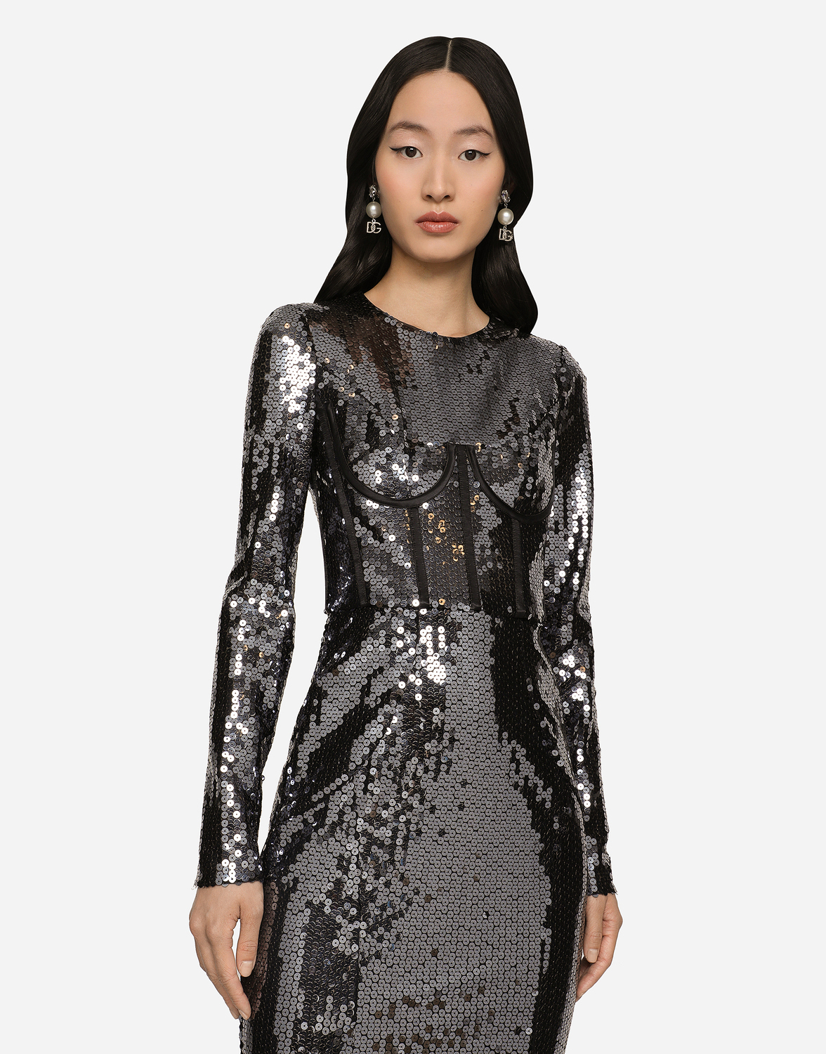 Длинное платье из пайеток с корсетной отделкой Dolce & Gabbana, серый — фото 4
