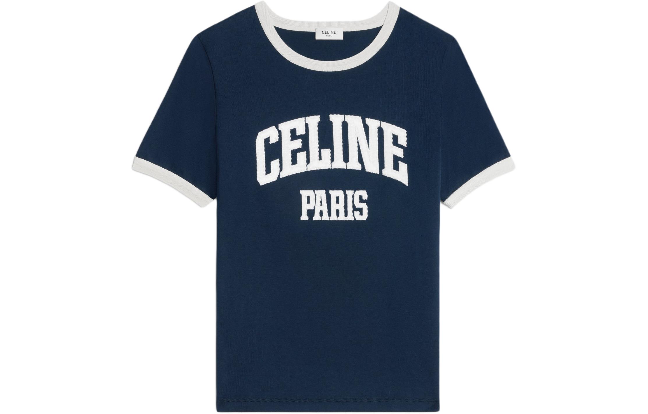 

Футболка CELINE в стиле 70-х Парижа из хлопкового джерси, морской синий