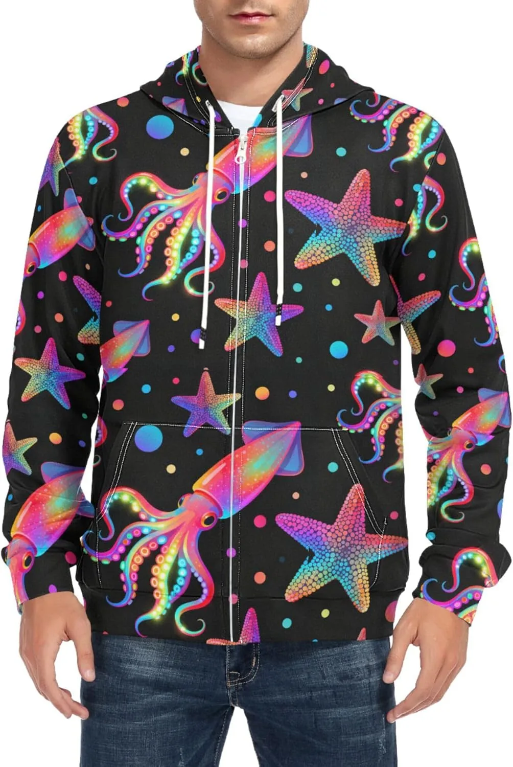

Мужская толстовка с полной молнией, длинными рукавами и карманом, с узором в виде разноцветных кальмаров и морских звезд CUPADA