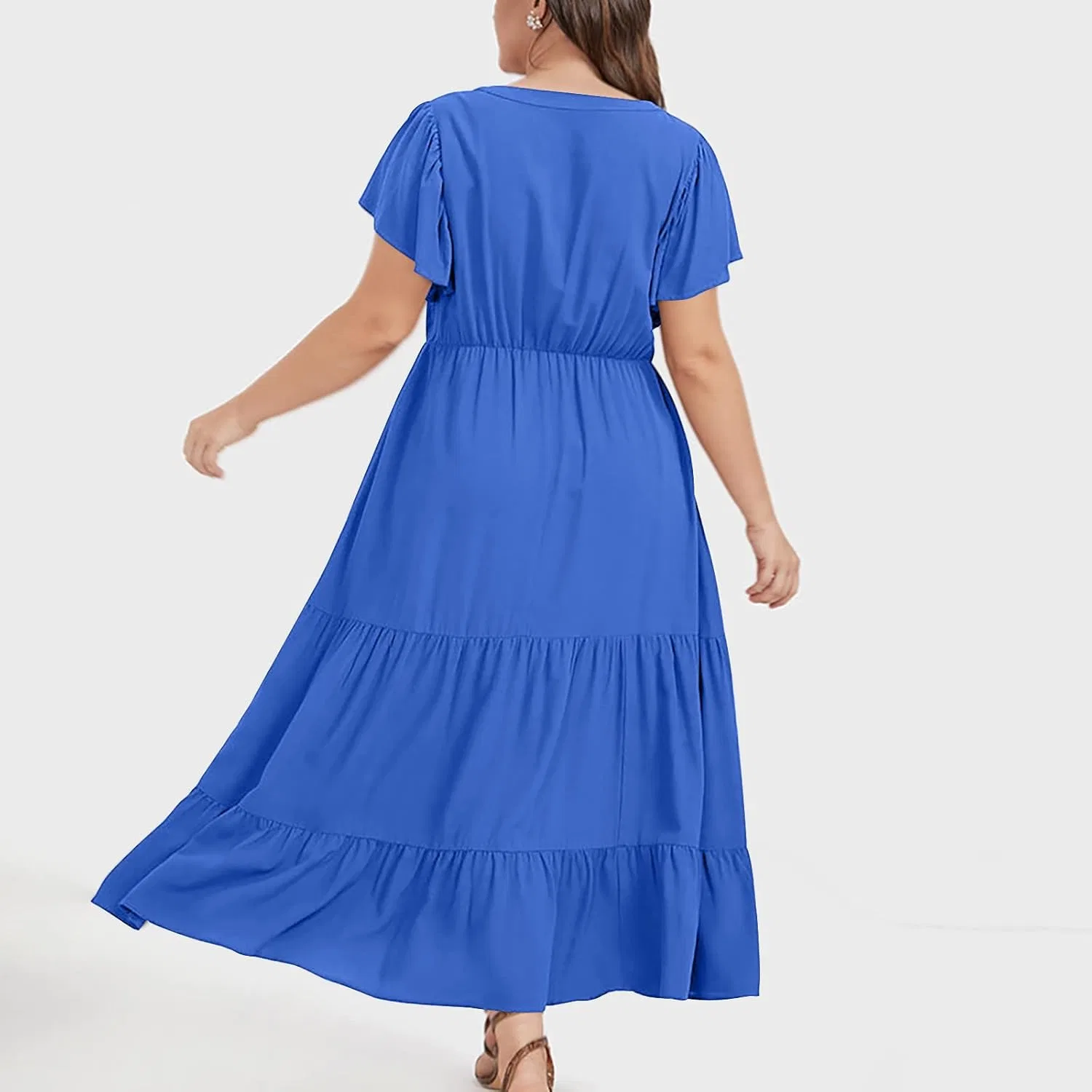 Платье для женщин Plus Size повседневное бохо с V-образным вырезом, летнее платье с рукавами-фонариками, макси-платье струящееся для пляжа Generic, синий — фото 4