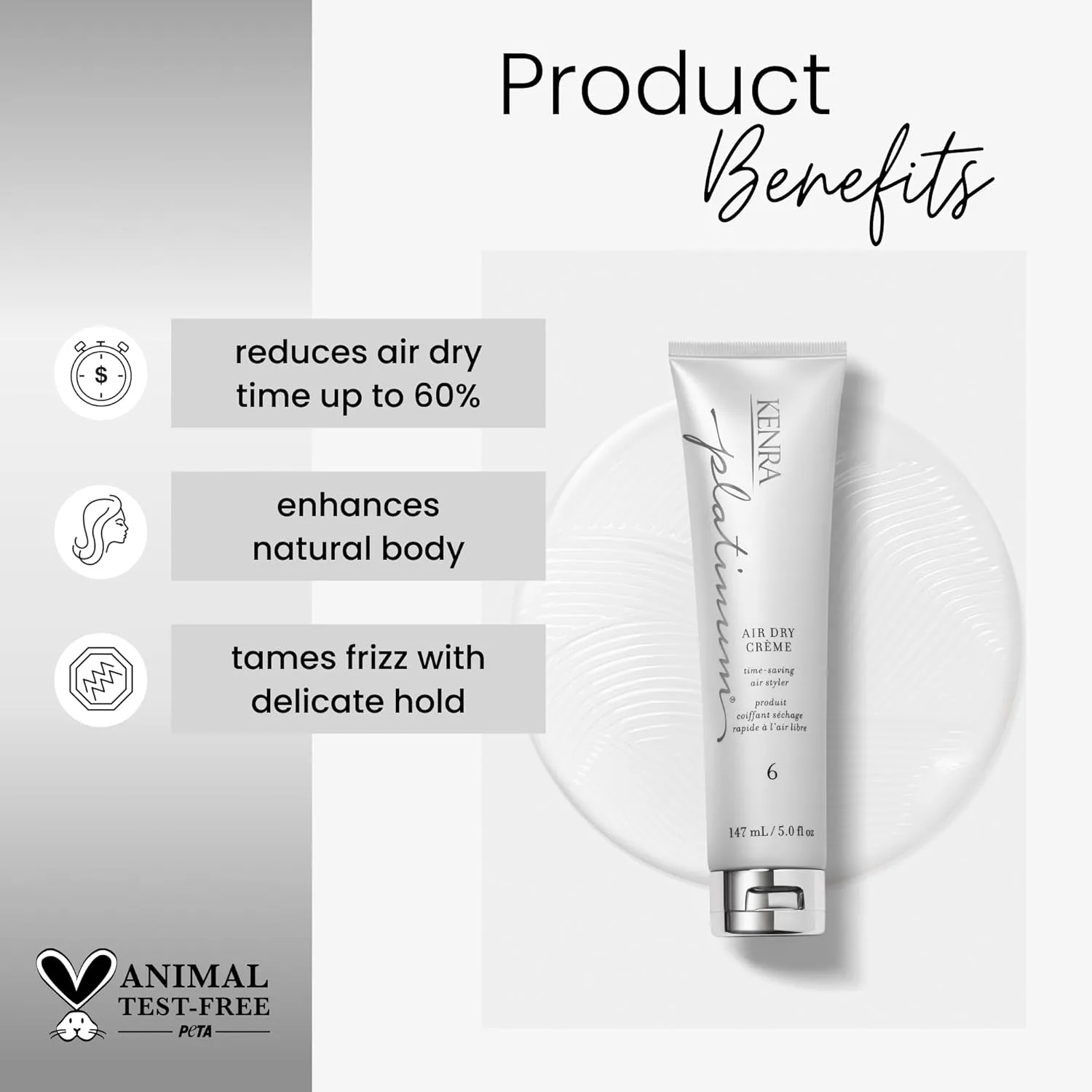 Kenra Platinum Air Dry Crème 6 - крем для сушки феном, экономит время, усиливает объем, укрощает пушистость с легкой фиксацией, естественный финиш без эффекта укладки, для всех типов волос 148 мл (1 шт.) — фото 3