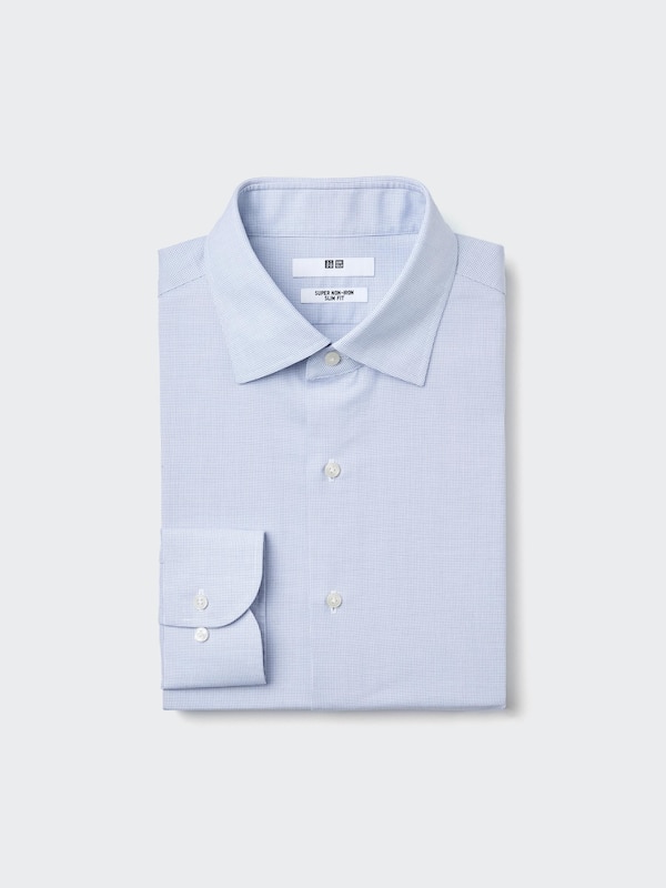 Рубашка slim fit non-iron, воротник spread (клетка) Uniqlo, 64 blue