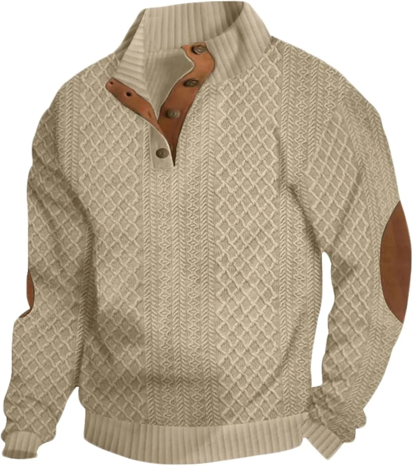 

Мужской свитер с налокотниками, кабельной вязкой и воротником-стойкой