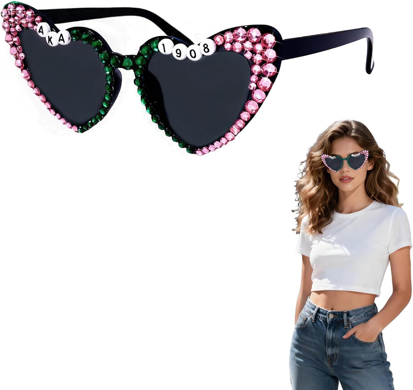 

Солнцезащитные очки в форме сердца для женщин и девушек, розово-зеленые, с кристаллами, идеально подойдут для дня рождения, девичника или вечеринки в честь Дня рождения в женском студенческом братстве AKA Maazusa, pink