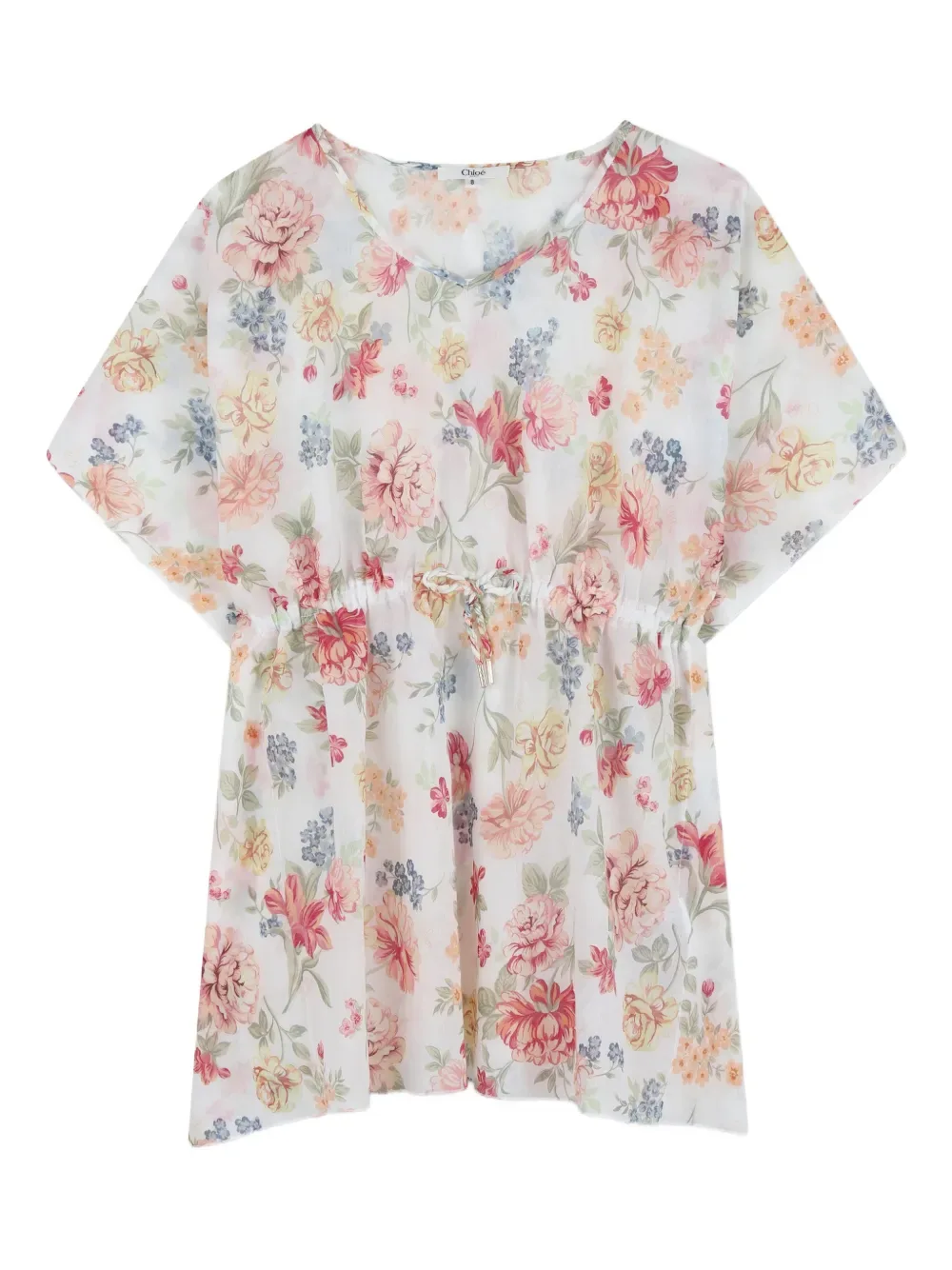 Платье с цветочным принтом и поясом Chloé Kids, белый