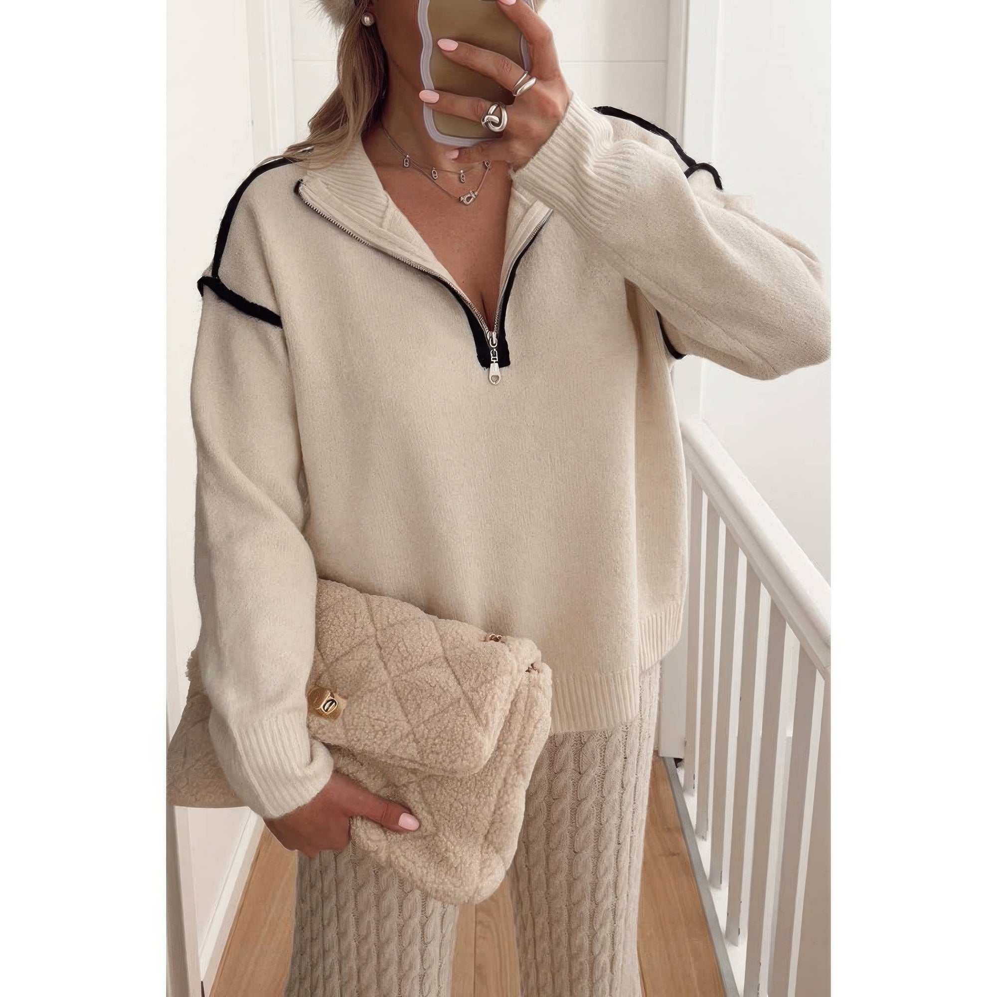 

Свободная толстовка с V-образным вырезом и отложным воротником на молнии Truedames, белый