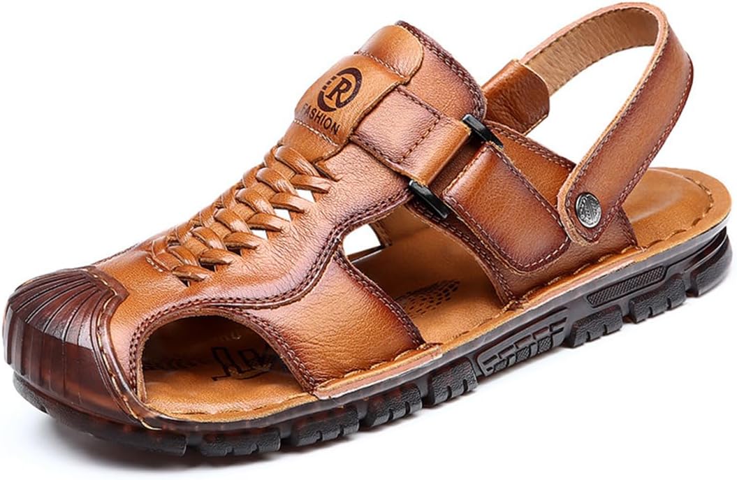 

Мужские повседневные кожаные сандалии Rojeam, сандалии для рыбалки с закрытым носком, летняя обувь, коричневый