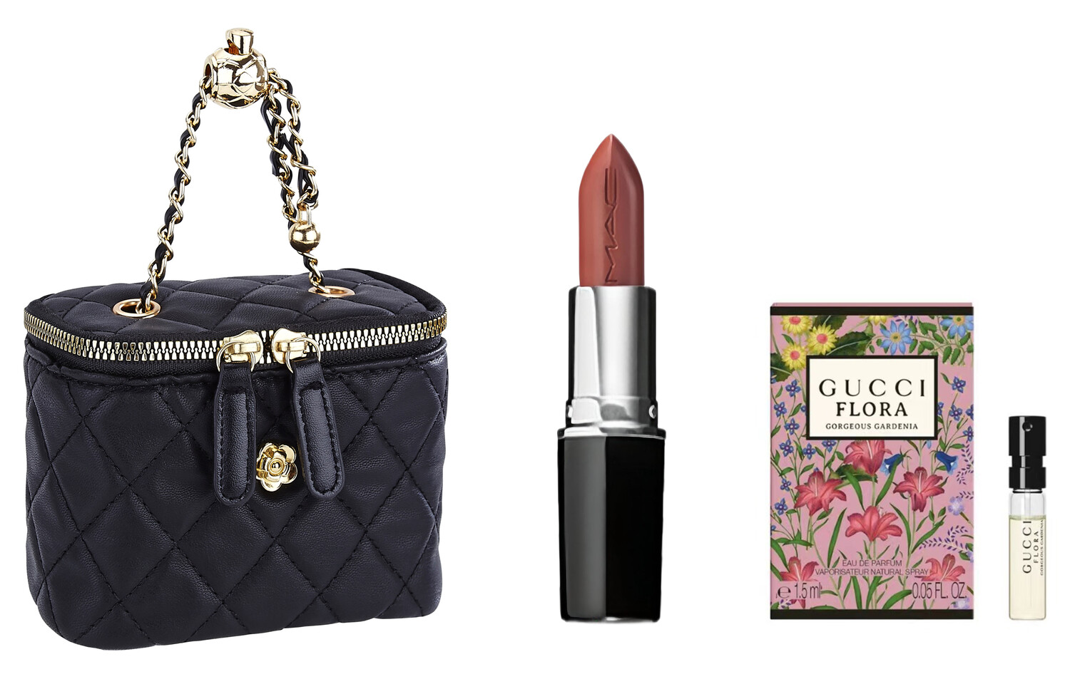 Подарочный набор: губная помада MAC Lustreglass Lipstick 549 + миниатюра аромата Gucci Flora Gorgeous Jasmine + косметичка — фото 4