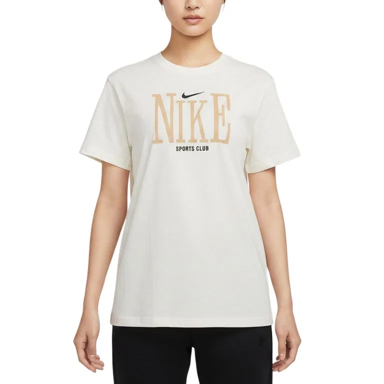 Футболка Club T Shirts женская, белый/бежевый/черный, круглый вырез, умеренная посадка Nike, White/Beige/Black