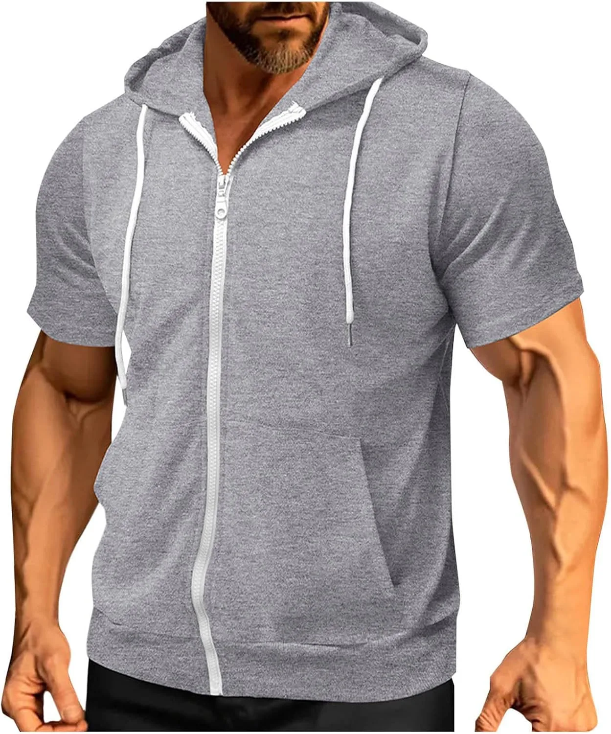 Мужская худи с капюшоном Slim Fit, короткий рукав, с карманом-кенгуру — фото 3