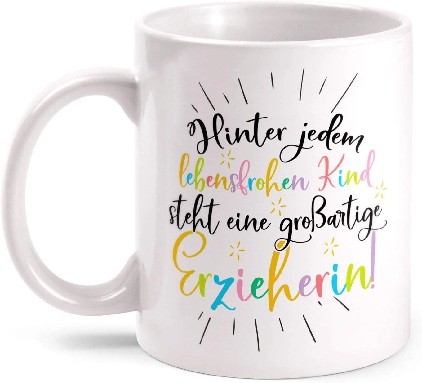 Кружка "Hinter jedem lebensfrohen Kind – Erzieherin" с надписью на обеих сторонах, белая, 330 мл Fashionalarm