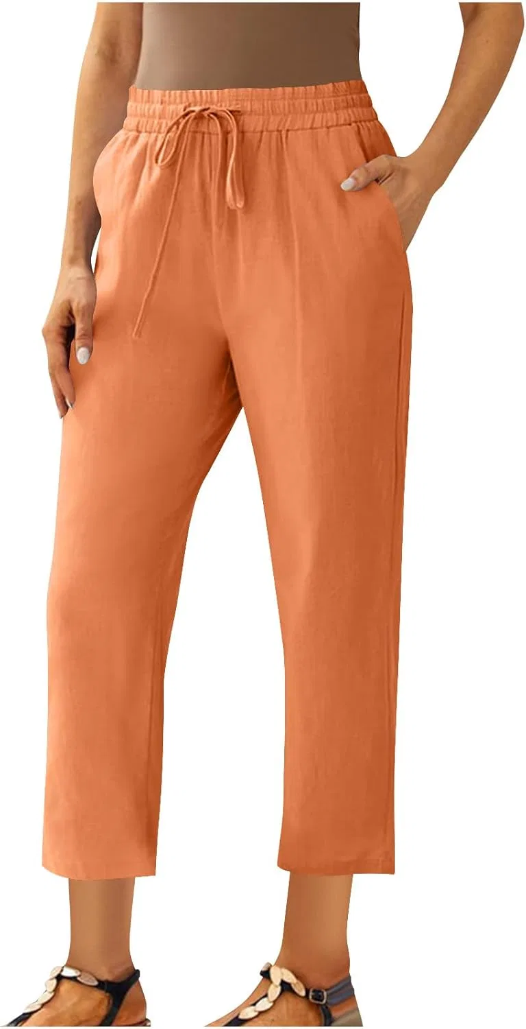 Женские брюки из льна с высокой талией, прямые, Orange