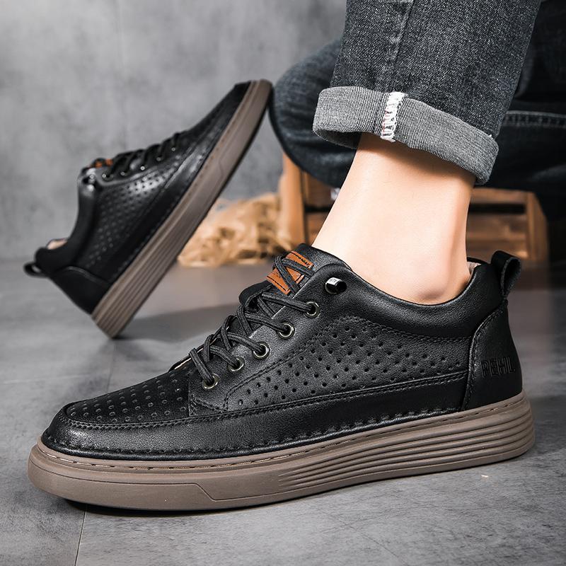 PEHL Мужские низкие скейтбордские кеды с черным кожаным верхом, цвет Black Leather Upper — фото 4