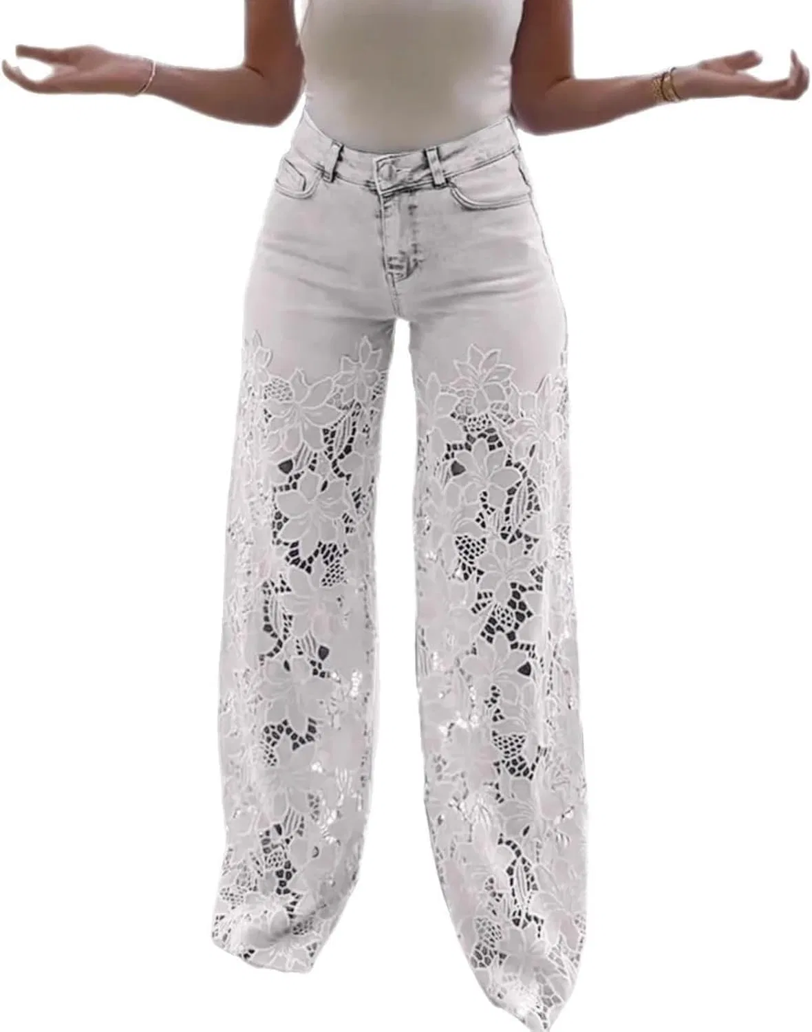 Джинсы кружевные Women's Lace Patchwork Wide Leg Jeans High Waisted Straight Wide Leg Hollow Out Sheer Flower Baggy Stretch Denim Pants, белый