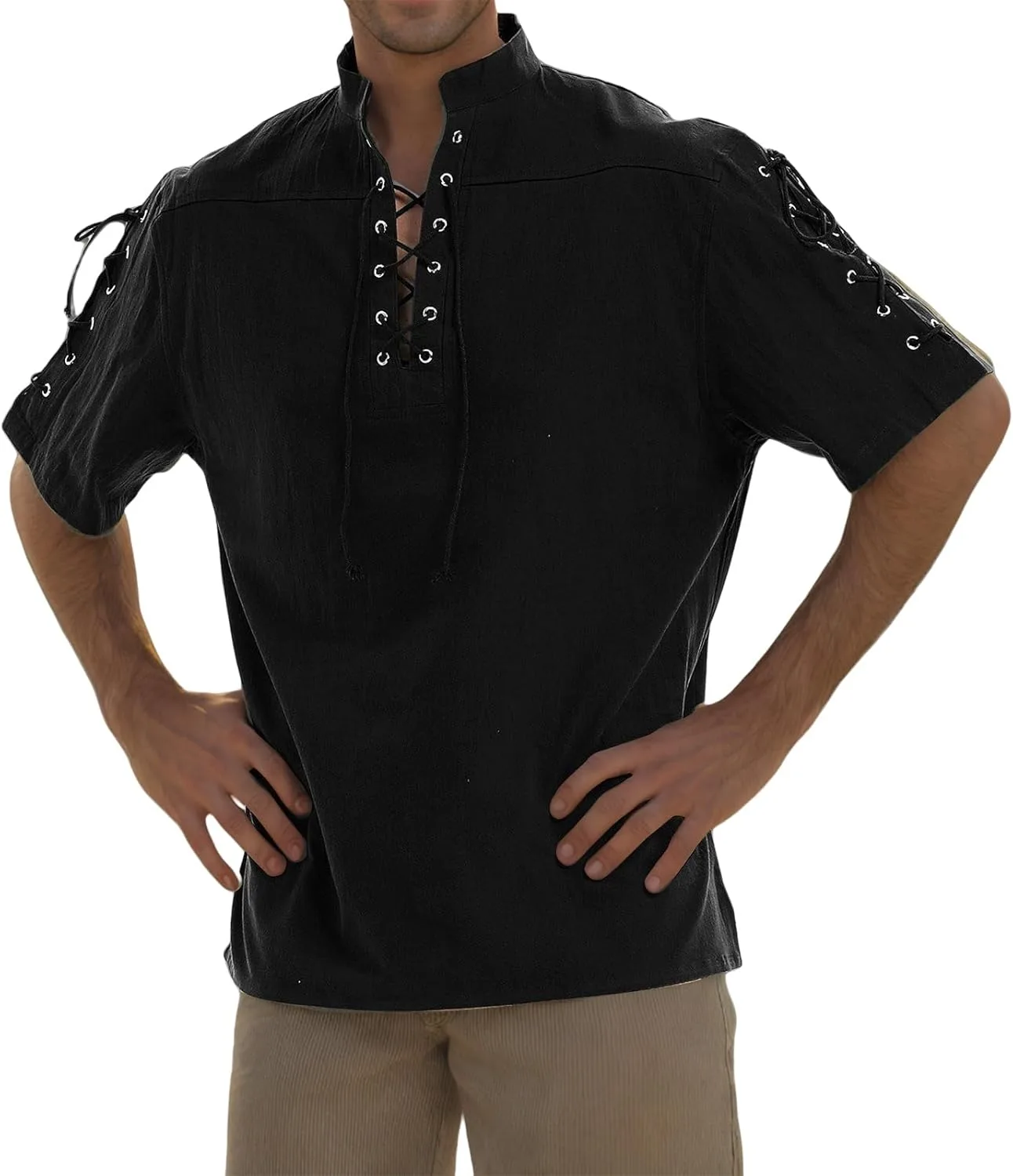 

Мужская рубашка в стиле ренессанс с коротким рукавом и шнуровкой YSERB