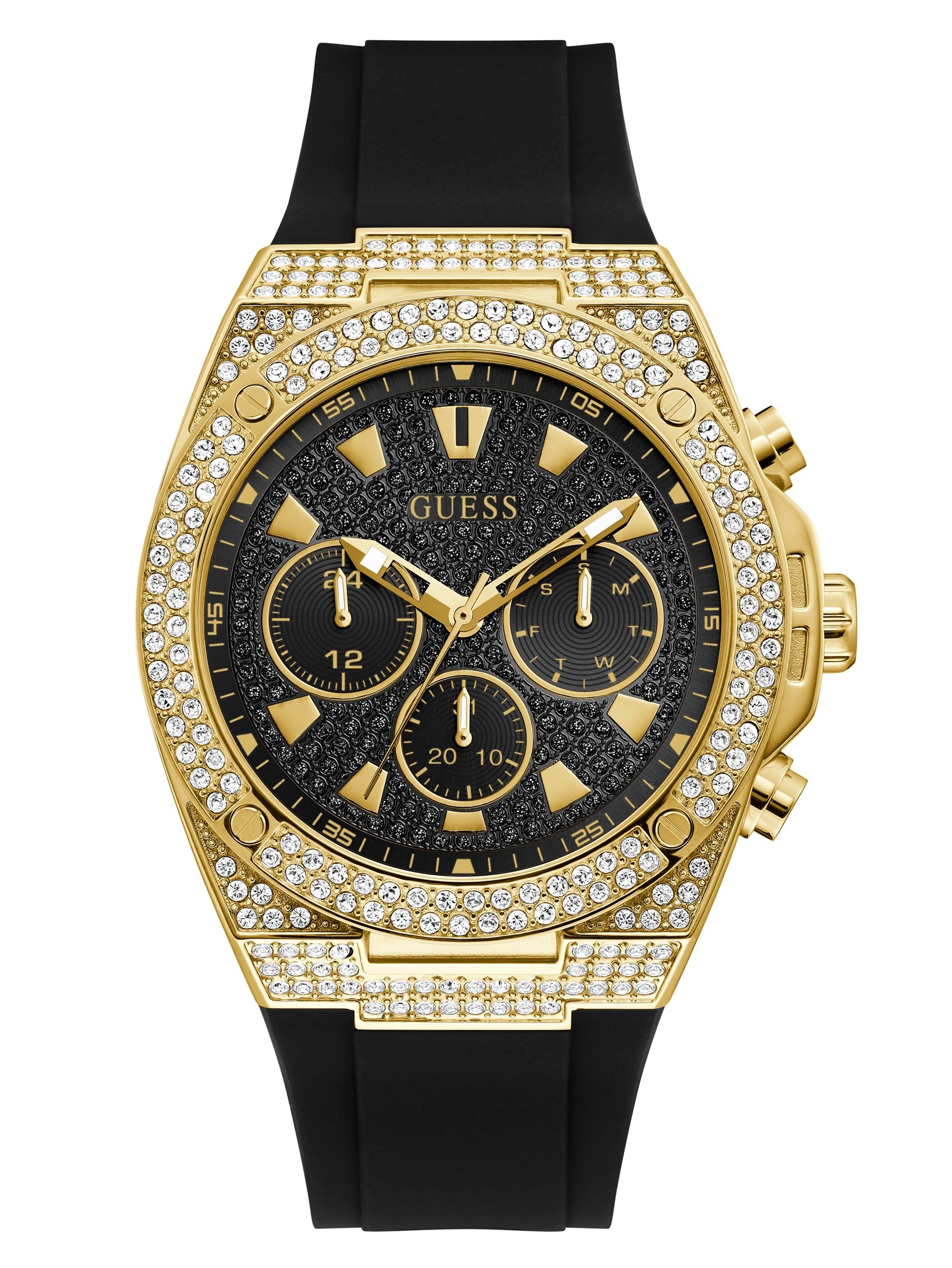 

Многофункциональные часы с золотистыми стразами Guess Factory, серебряный/темно-синий
