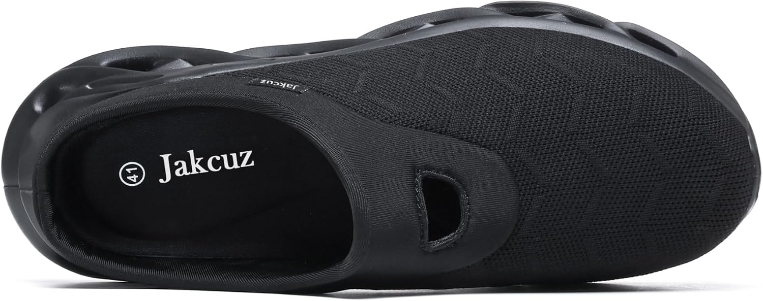 Jakcuz Men Slip On Mules Легкие кроссовки с открытой пяткой Дышащие прогулочные туфли, черный — фото 4