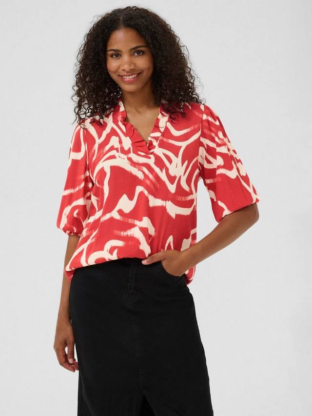 

Марта топ с абстрактным воротником-рюшами из вискозы LENZING ECOVERO KAFFE, Red/Multi