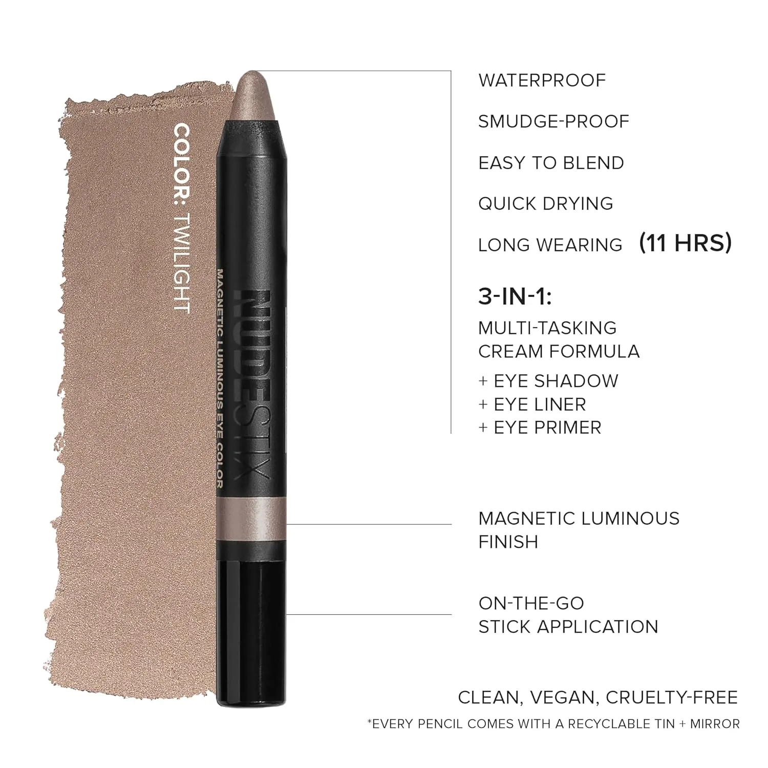 Nudestix Magnetic Luminous Eye Color - кремовые тени-карандаш 4-в-1, подводка для глаз, праймер и хайлайтер | Стойкий, водостойкий сатиновый финиш | Веганский продукт, не тестируется на животных, twilight — фото 4