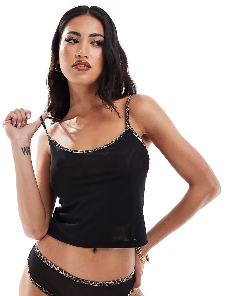 

Топ из сетки Mackenzie ASOS DESIGN черного цвета с леопардовой отделкой